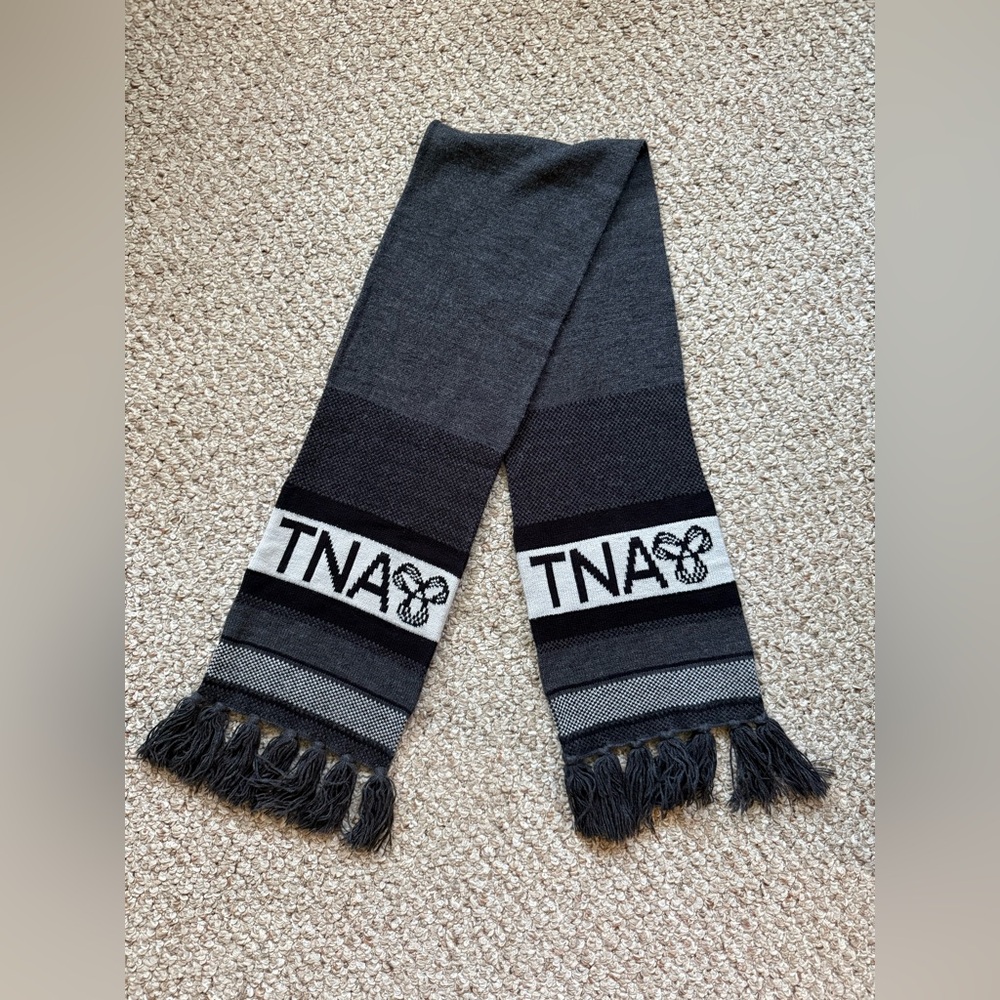 TNA Aritzia Gray Black Logo Fringe High Bulk Long Scarf
